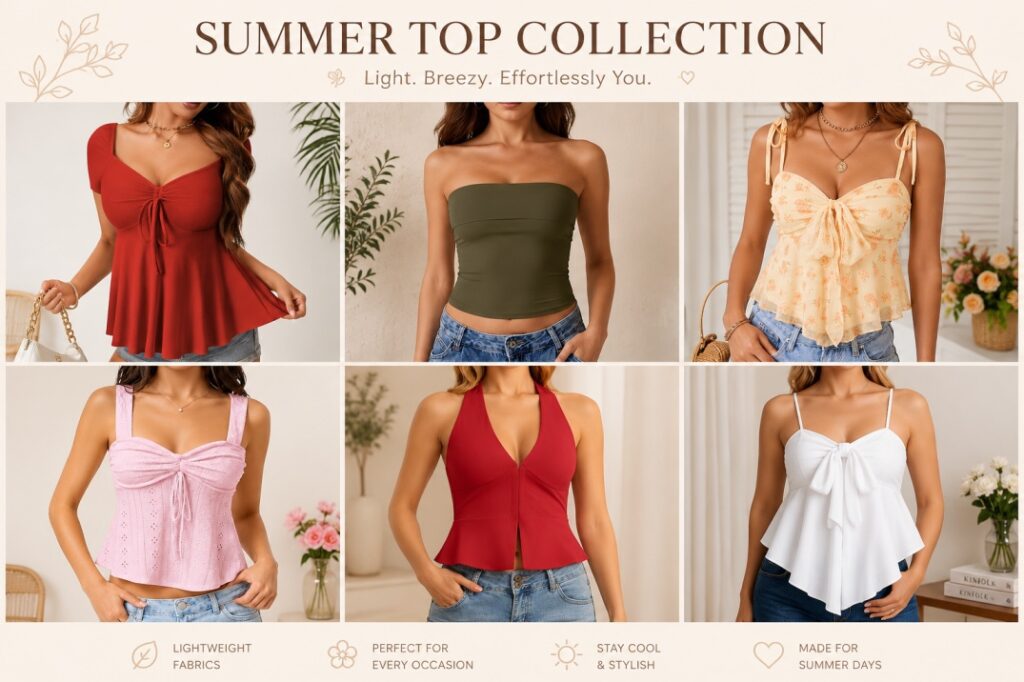 Summer Top Collection featuring peplum, tube top, halter, and eyelet camisoles.