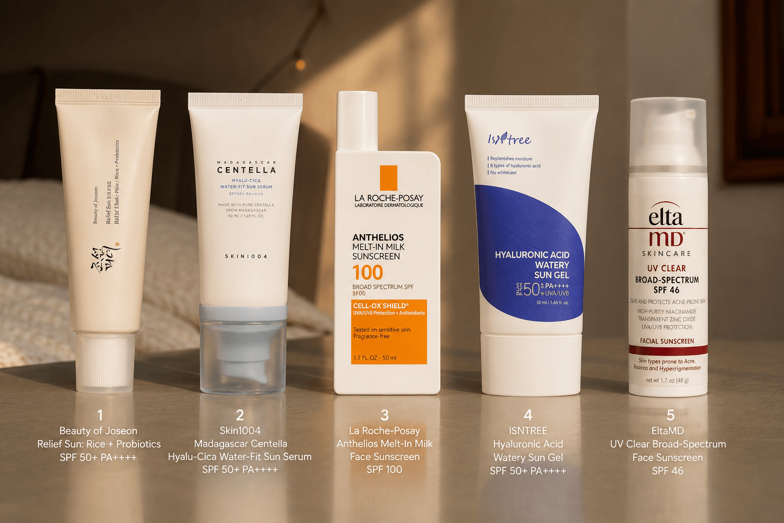best sunscreen for face top 5 picks - Beauty of Joseon, Skin1004, La Roche-Posay, ISNTREE and EltaMD face sunscreens