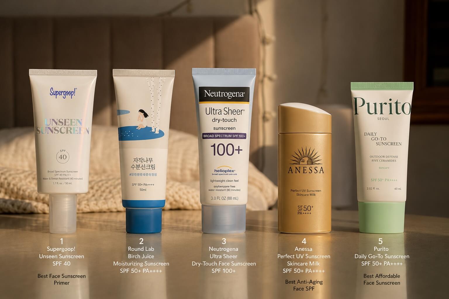 best face sunscreen drugstore and luxury picks 2026 - Supergoop Unseen, Round Lab Birch Juice, Neutrogena Ultra Sheer, Anessa Perfect UV and Purito Daily Go-To sunscreens